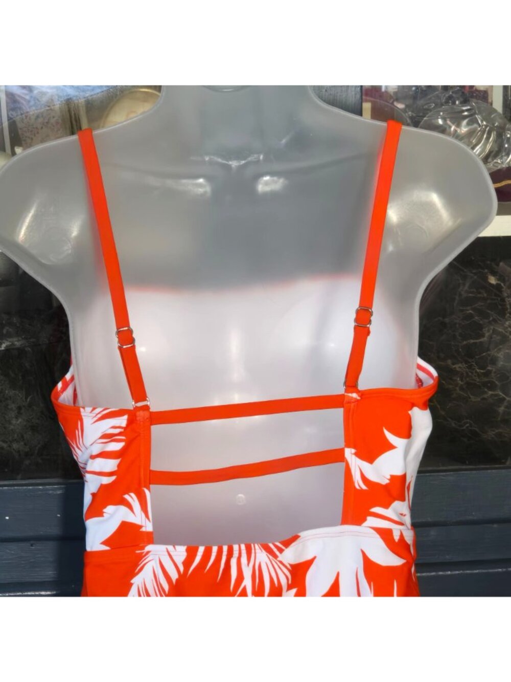 Tropical Print One-Piece Swimsuit L Orange White Ruched Adjustable Square Neck - Picture 10 of 10